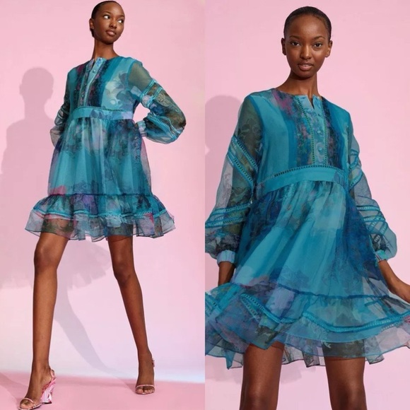 Cynthia Rowley Watercolor Organza Dress Turquoise Blue Lace Size Small - Picture 1 of 16